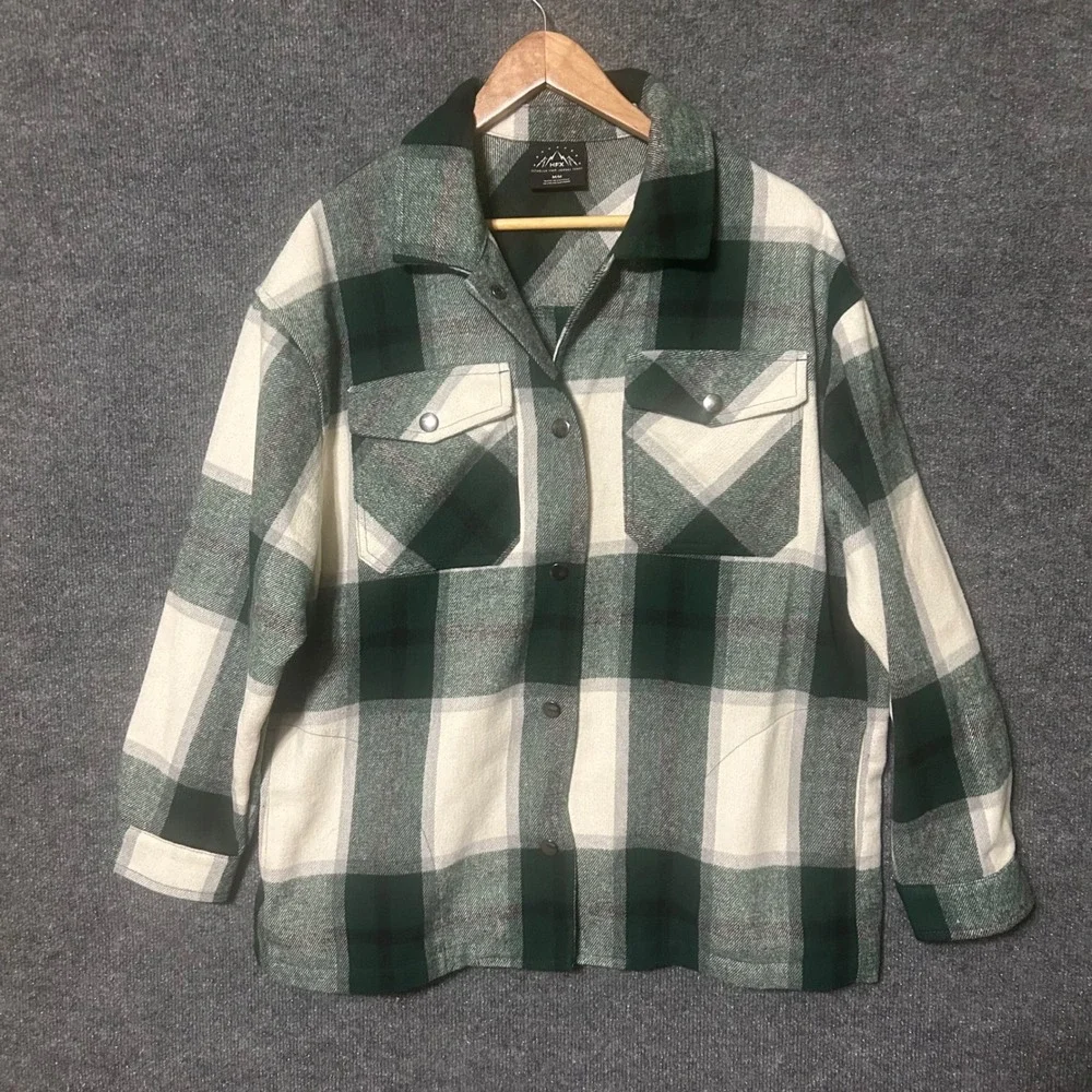 HFX Plaid Shacket Oversized Button Up Flannel Shirt Jacket Green Cream M - Picture 1 of 9